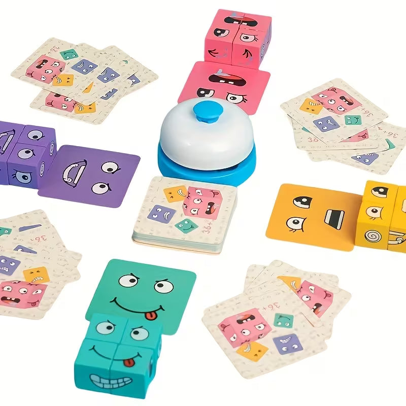 1 Set of Wooden Expression Changing Block Stacking Toys, Bells And Multiple Card Styles, Multiplayer Competitive Entertainment Game