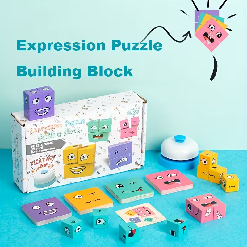 1 Set of Wooden Expression Changing Block Stacking Toys, Bells And Multiple Card Styles, Multiplayer Competitive Entertainment Game