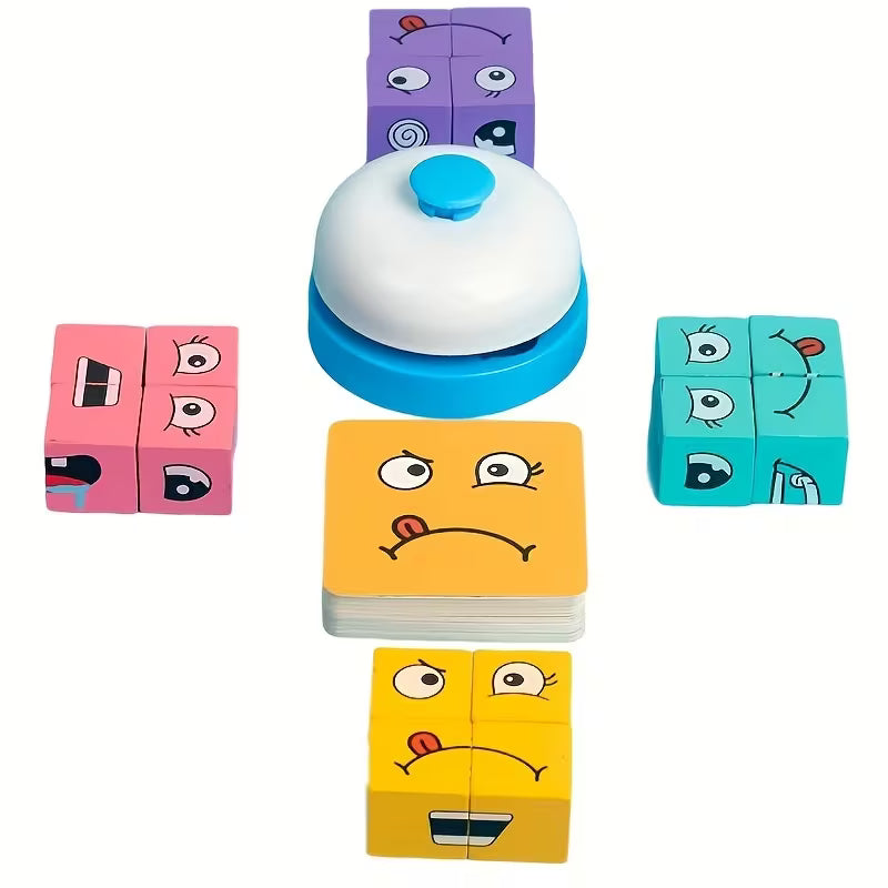 1 Set of Wooden Expression Changing Block Stacking Toys, Bells And Multiple Card Styles, Multiplayer Competitive Entertainment Game