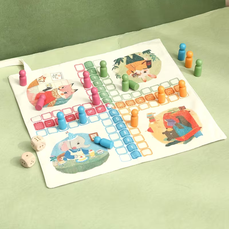 Children's Educational Multi-Function Canvas Game Chess Toy, 4-Color Canvas Ludo Game