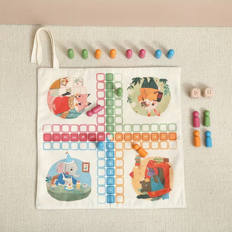 Children's Educational Multi-Function Canvas Game Chess Toy, 4-Color Canvas Ludo Game