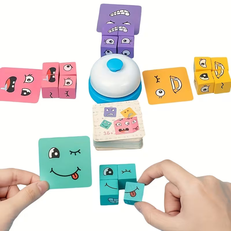 1 Set of Wooden Expression Changing Block Stacking Toys, Bells And Multiple Card Styles, Multiplayer Competitive Entertainment Game Toys