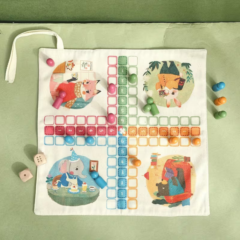 Children's Educational Multi-Function Canvas Game Chess Toy, 4-Color Canvas Ludo Game