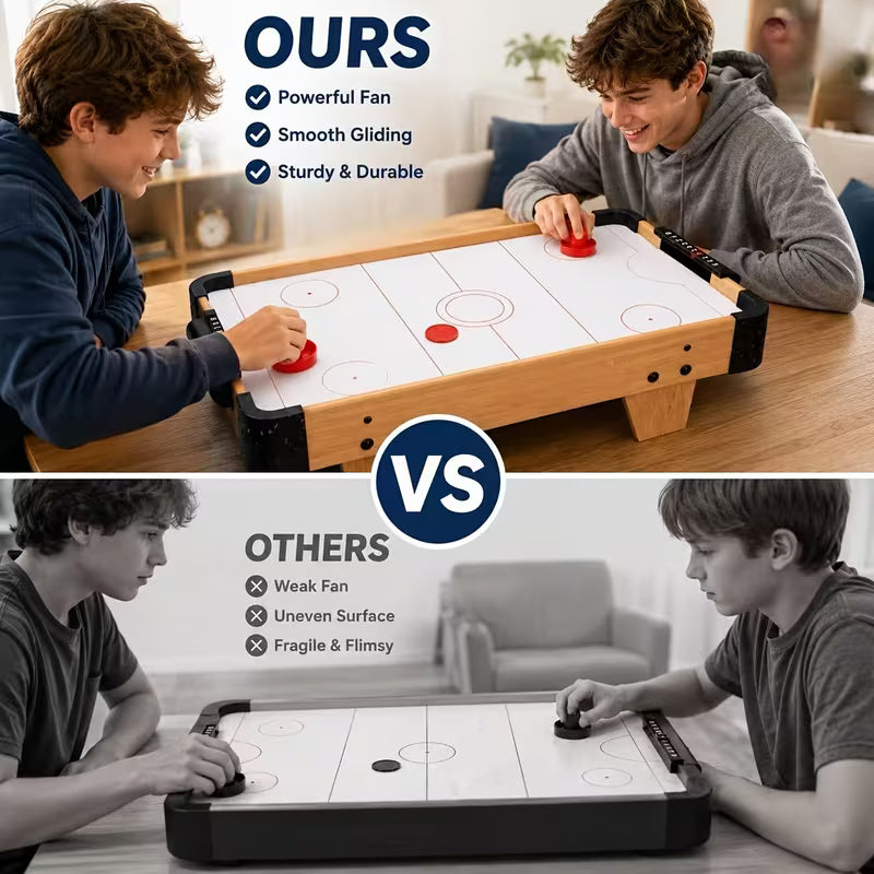 Mini Tabletop Air Hockey Table with Wooden Surface, Air Suspension Puck Game Table