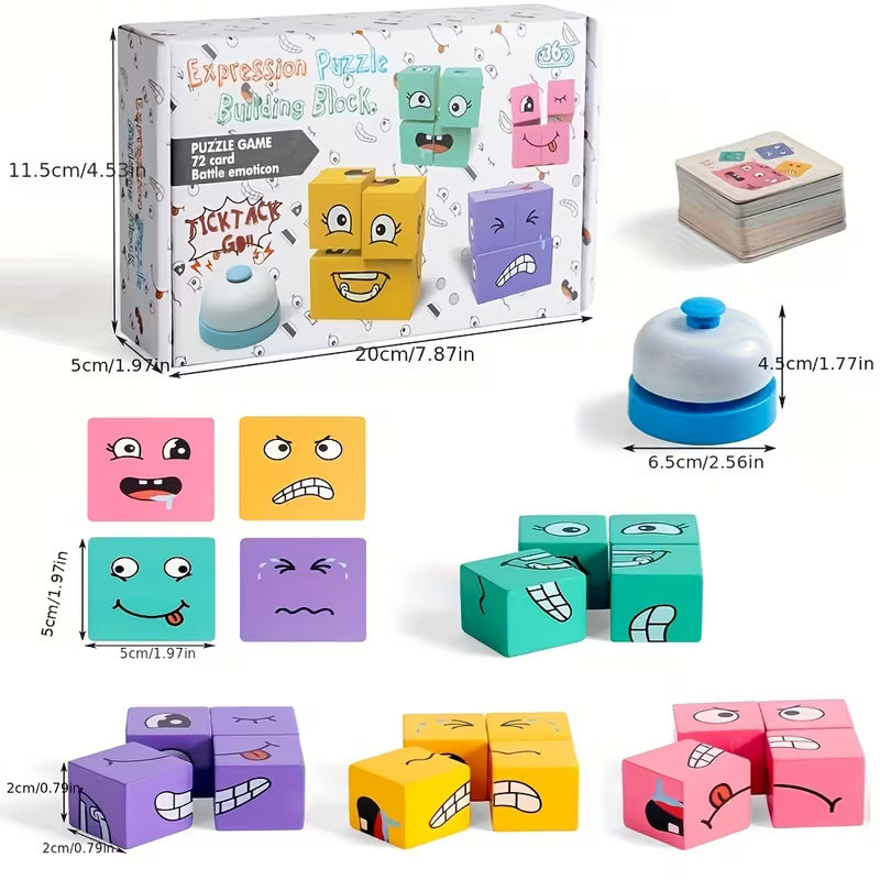 1 Set of Wooden Expression Changing Block Stacking Toys, Bells And Multiple Card Styles, Multiplayer Competitive Entertainment Game Toys